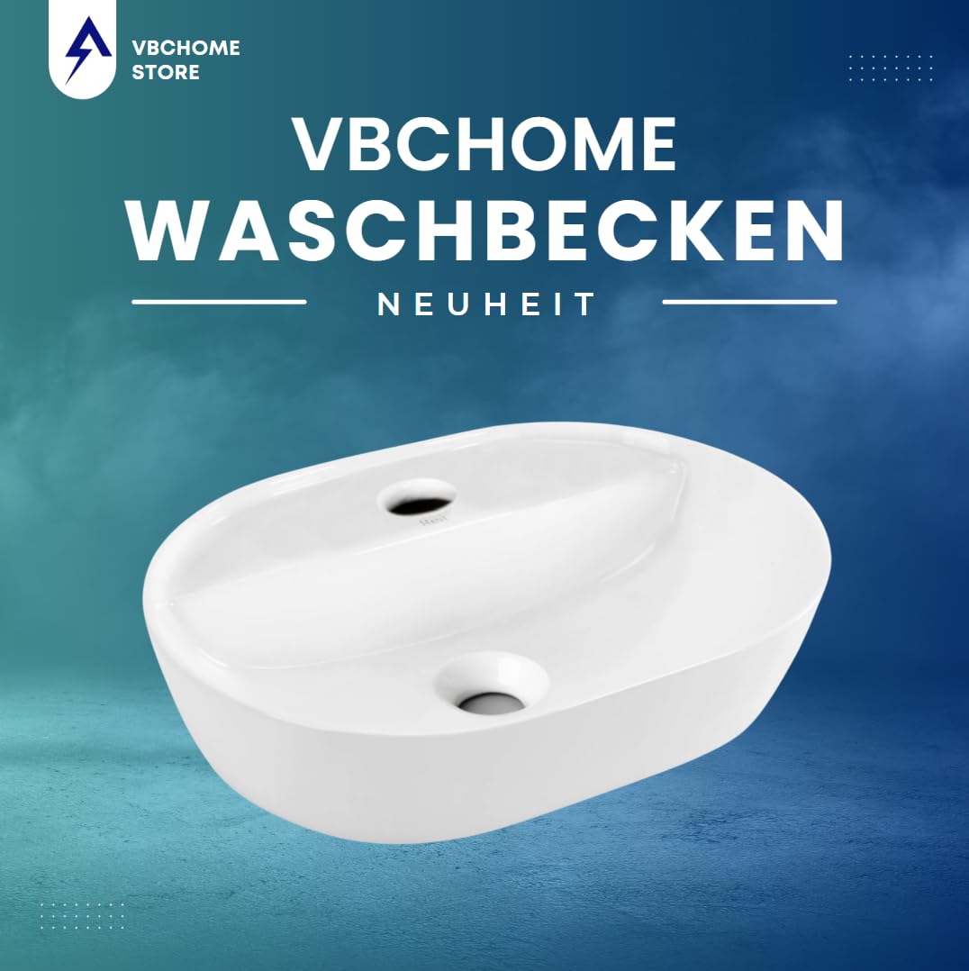 VBChome Lavabo 42 x 30 cm en céramique blanche ovale avec trou pour robinet, lavabo de pose, lavabo de salle de bain en céramique