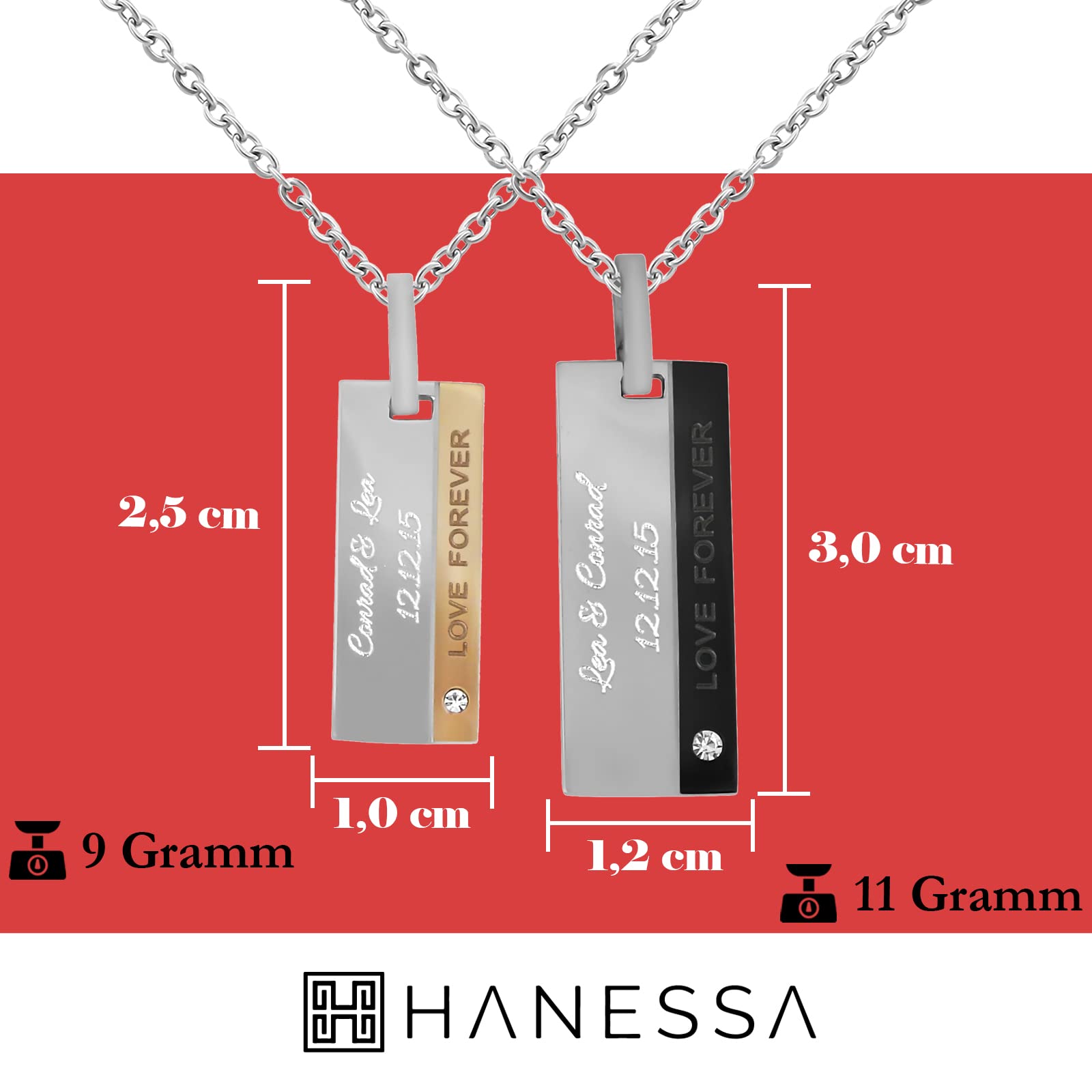 2 Stück Personalisierte Ketten mit Gravur Edelstahl 45-60 cm Dog Tag in silber/gold und silber schwarz - Halsketten Männer Frauen - Personalisierter Schmuck Damen Herren - Partner Ketten
