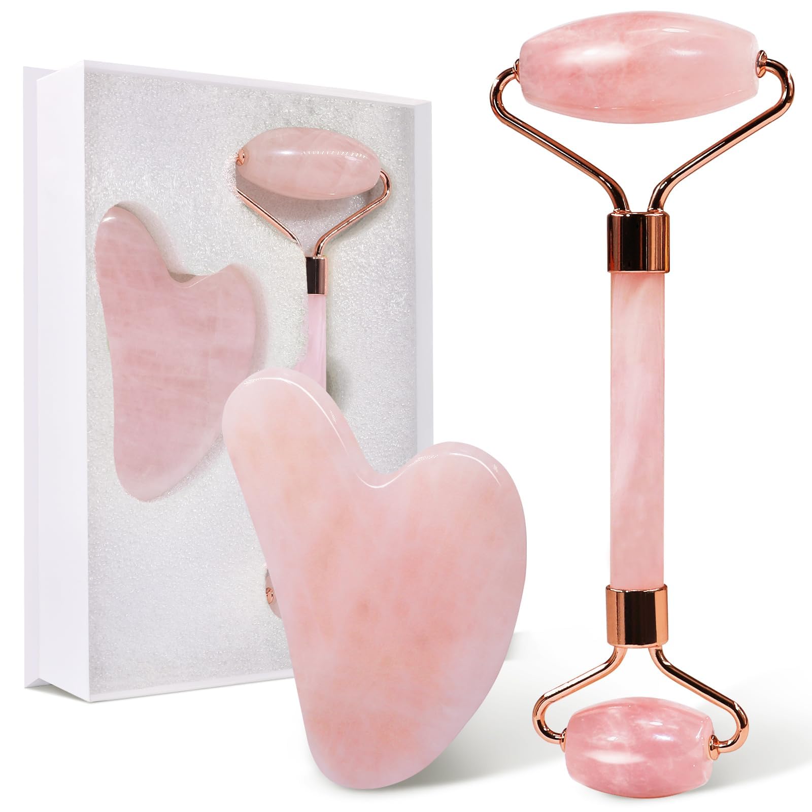 Gua Sha y Rodillo Facial de Cuarzo Rosa 100% Natural Antiarrugas para Tonificar y Reafirmar la Piel | Herramientas de Masaje Natural para Rejuvenecimiento y Relajación (Cuarzo Rosa)