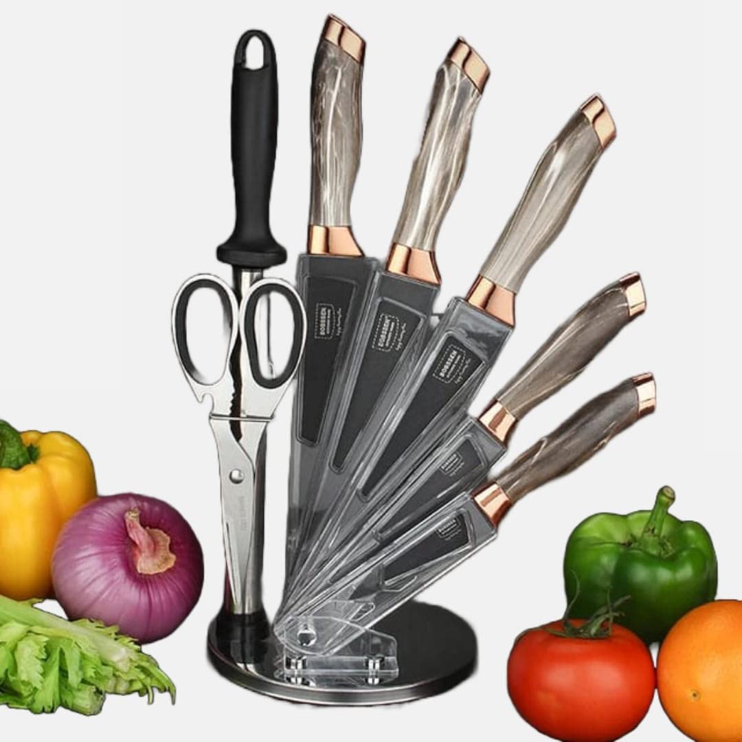 Kitchen Knife Set with Acrylic Knife Stand Knife Sharpener and Scissors, Ergonomic Non-Slip Handles, Laser Cut Blade Sharpness, Chef Quality Stainless Steel, 8 Piece