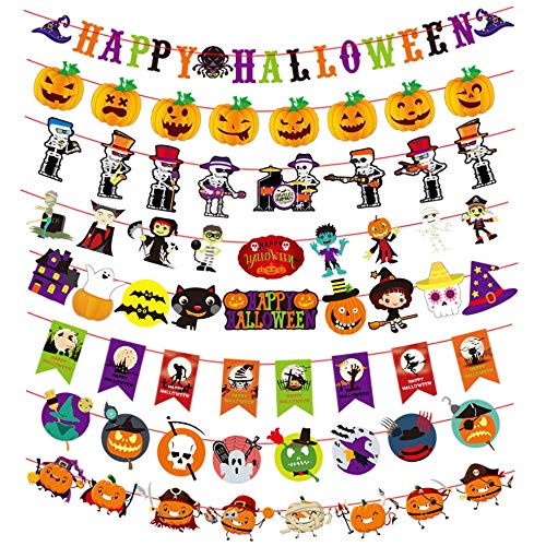 MEJOSER Decoración Halloween 8pcs Guirnaldas Papel Banner Happy Halloween Banderines Calabazas Calaveras para Fiesta Halloween