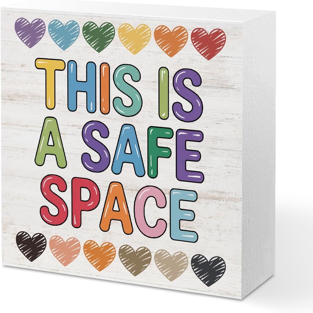 7x7 Inch This Is a Safe Space Wooden Box Sign Rainbow Hearts Decor