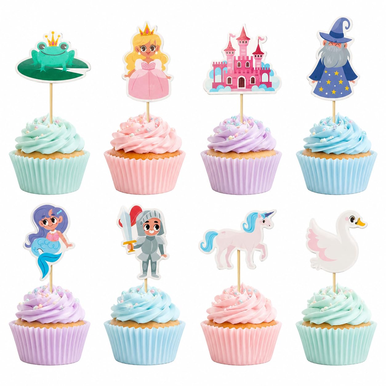 Arthsdite 24 Pcs Fairytale Cupcake Toppers Princess Castle Unicorn Mermaid Knight Frog Wizard Swan Cake Picks for Kids Girls Birthday Baby Shower Party
