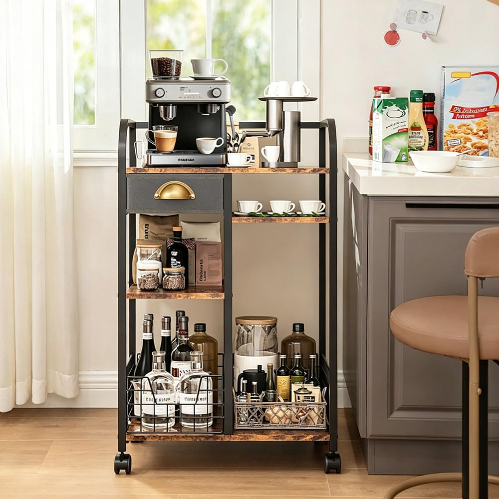 Carrito de Café con Cajón de Almacenamiento, 4 Niveles Ajustables | Barra de Café Móvil con Ruedas, Mesa Auxiliar de , Estación de Café Rústica de Madera Para Cocina, Entrada, Salón o Comedor