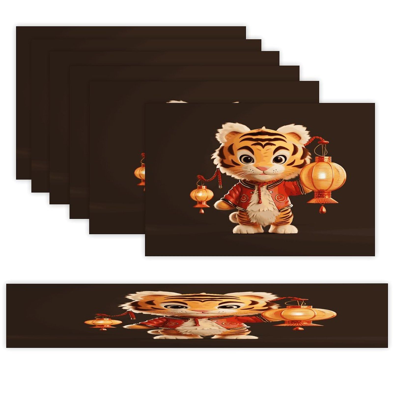 A Tiger Holding A Lantern Table Runner and Placemats Set of 6 Wipe Clean Heat Resistant Table Mat with Table Runner Decorations Flax Linen Place Mat Set for Home Kitchen Party Supplies