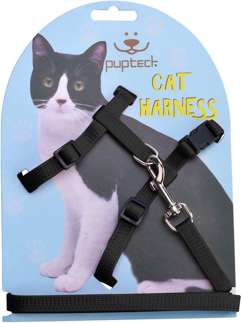 PUPTECK Adjustable Cat Harness and Leash Set Escape Proof Kitten Strap Collar for Walking Travel, Black