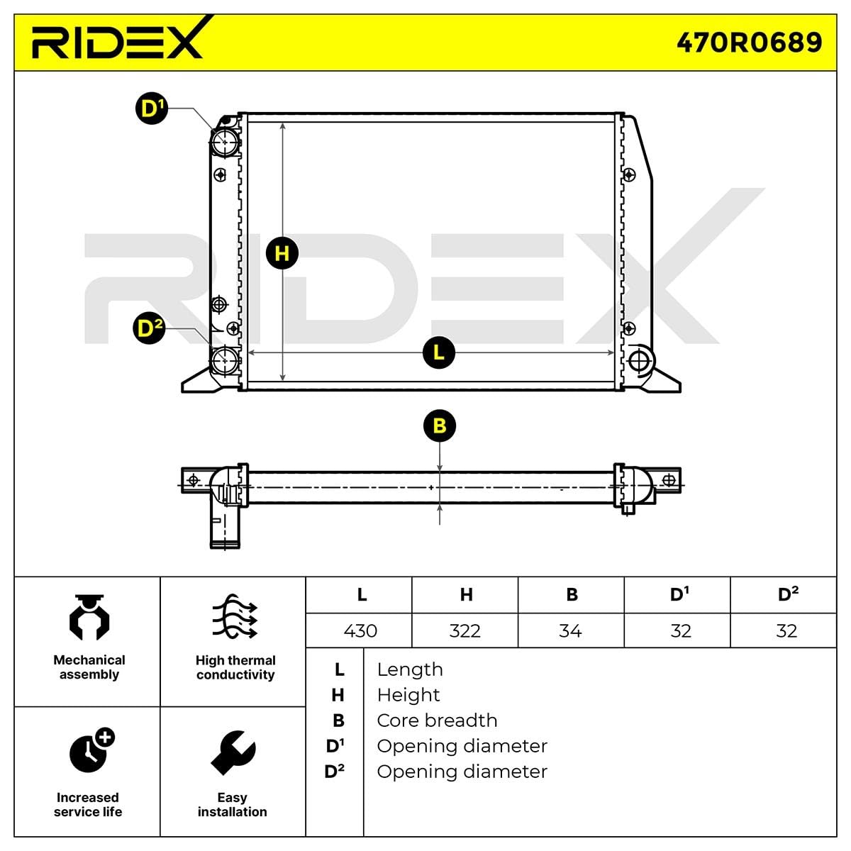RIDEX 470R0689 Radiador refrigeración del motor Compatible con AUDI 80 B3 Sedán 89, 893, 894, 8A2