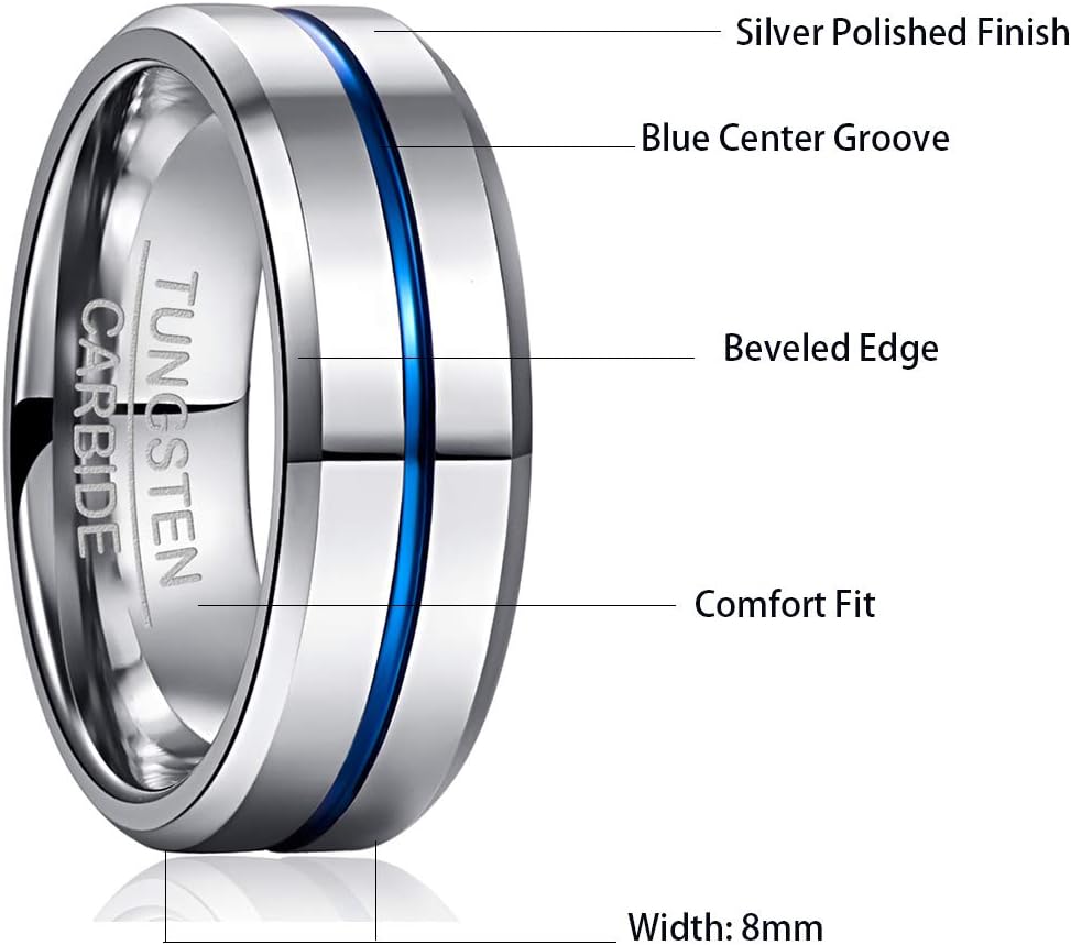 NUNCAD 8mm Men's Tungsten Rings Black Red/Blue/Rose Gold Grooved Center Matte Finish Wedding Band Polished Beveled Edges Size 4 to 16 - Image 6