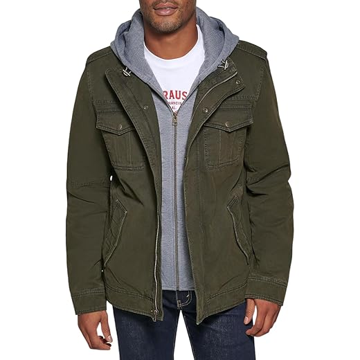 Levi's Men's Washed Cotton Hooded Military Jacket, Olive, Large