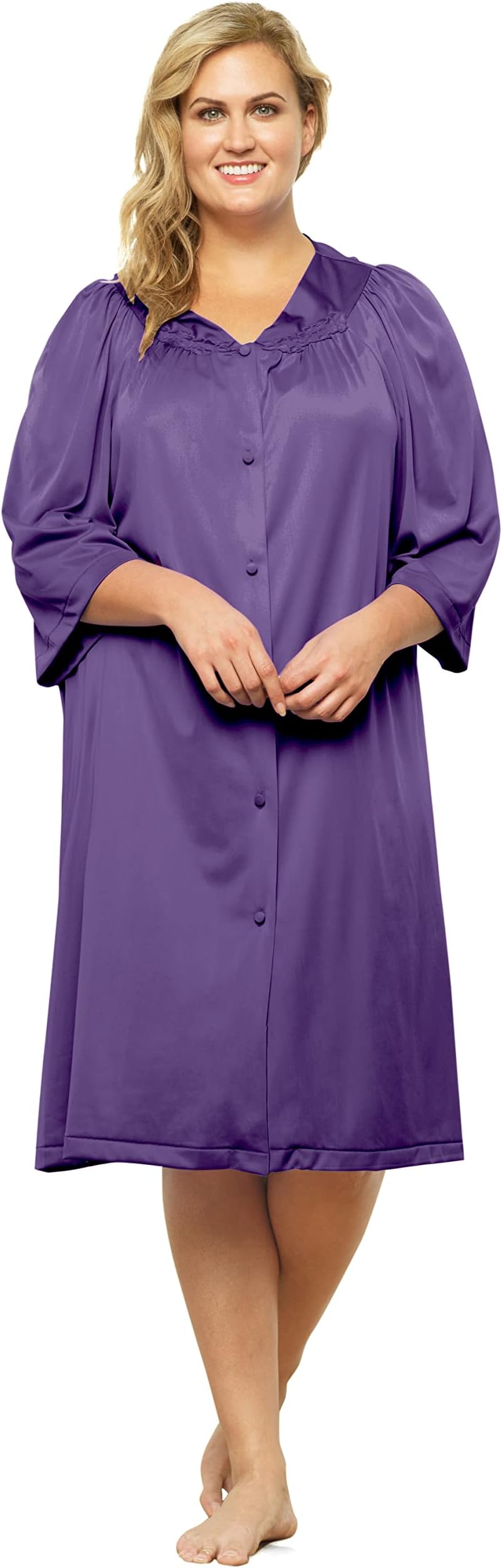 Exquisite Form10107 Women's Nylon Tricot Long Sleeve Knee Length Button-Front Nightgown
