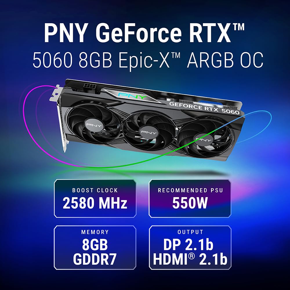 PNY Carte Graphique GEFORCE RTX™ 5060 8GB ARGB Overclocked Triple Fan DLSS 4