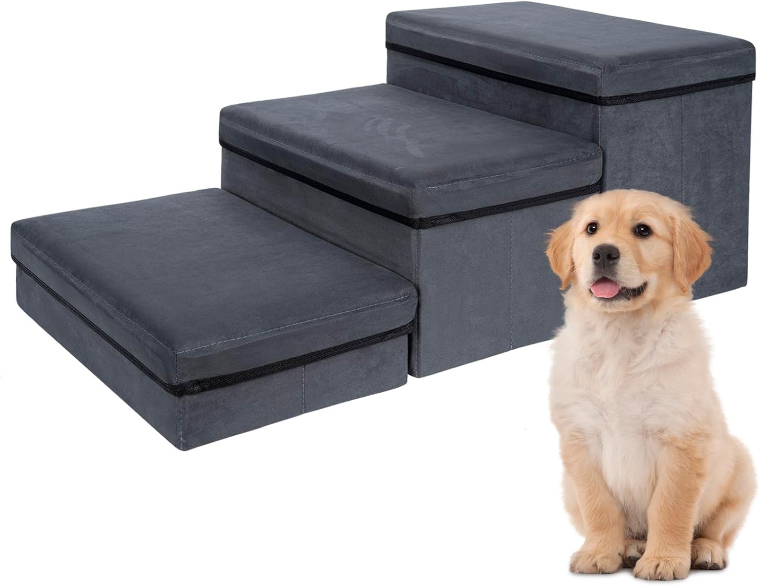 AKOZLIN Faltbare Haustiertreppe mit Stauraum 3 Stufen Extra Breite Haustierrampe Haustierleiter Haustiertreppe für Kleine bis Große Hunde Katzen, Dunkelgrau