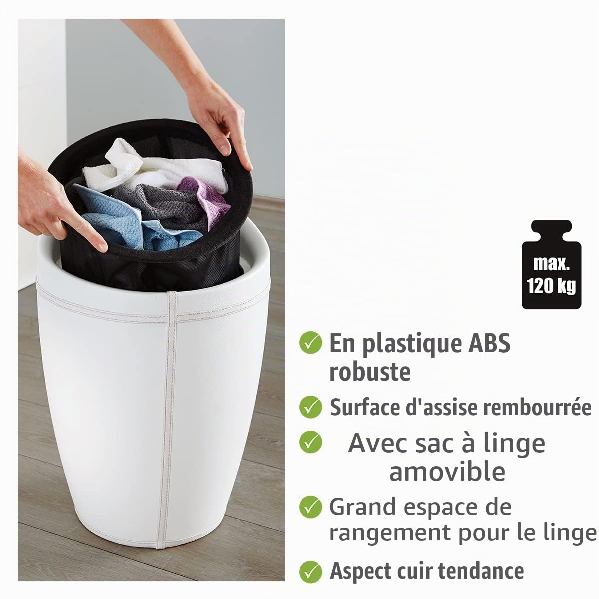 WENKO Tabouret Panier à Linge, Coffre à Linge et Tabouret Salle de Bain Candy, Coussin Amovible, Similicuir Blanc, 20 litres, Ø 36x50,5 cm
