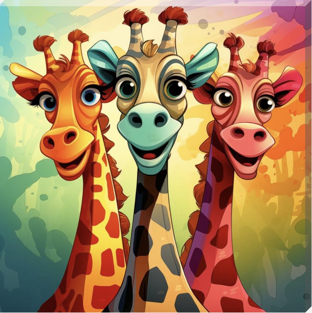 Colour Frenzy Trio Of Giraffes Canvas Wall Art Picture (8” x 8”)