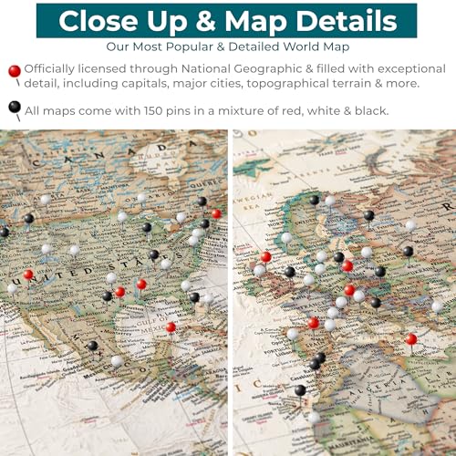 Image of Executive World Push Pin Map - National Geographic Antique Style Canvas Travel Tracker - Framed Wall Decor - White Float Frame - 24 inch x 36 inch