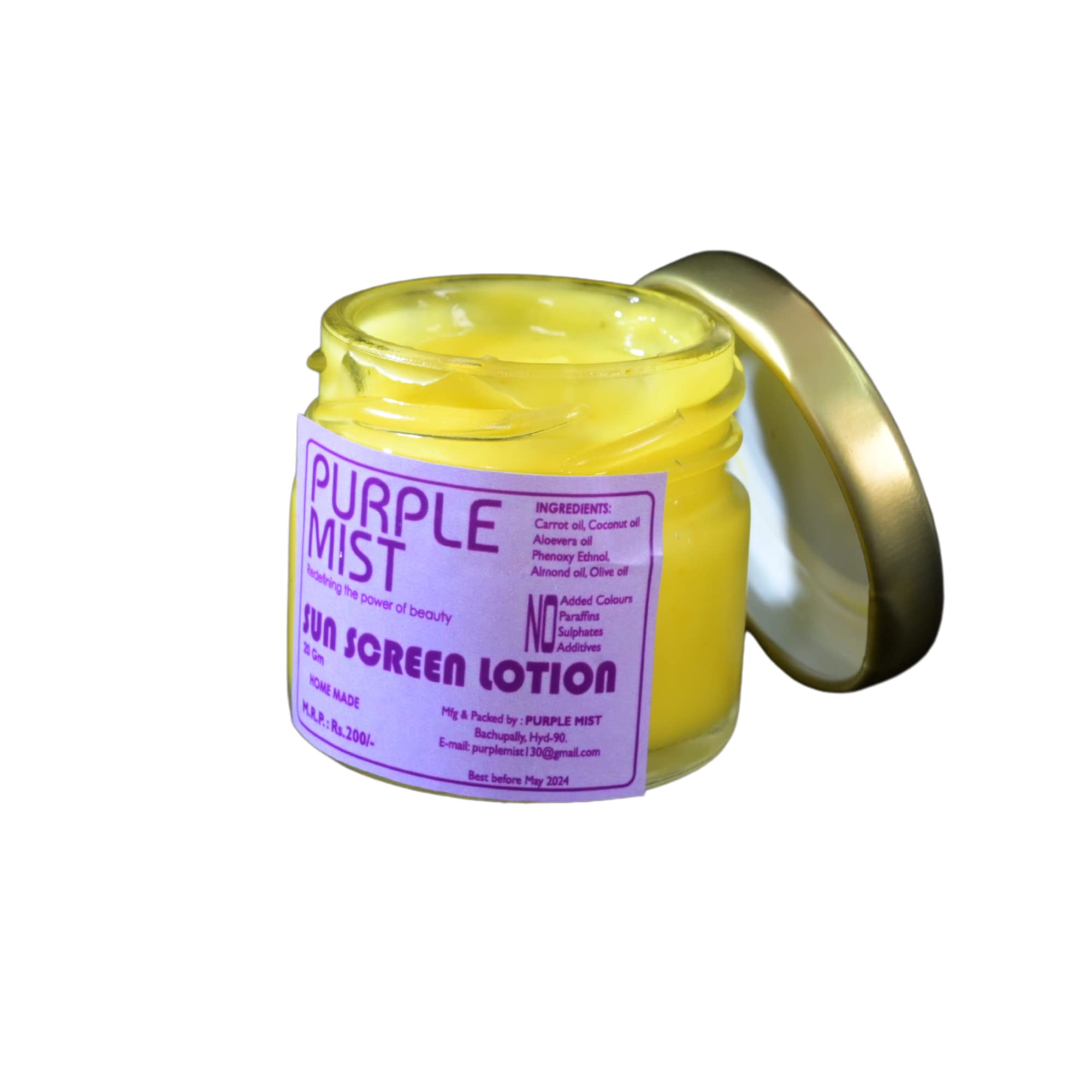 PURPLE MIST Shield Your Skin with Our Natural Sunscreen Lotion - Provides Broad Spectrum Protection - Infused with Nourishing Carrot, Coconut, Aloe Vera, Almond, and Olive Oil - Includes Phenoxyethanol for Added Effectiveness - Stay Protected from Harmful UV Rays with a Skin-Friendly Formula for a Safe and Enjoyable Sun Experience