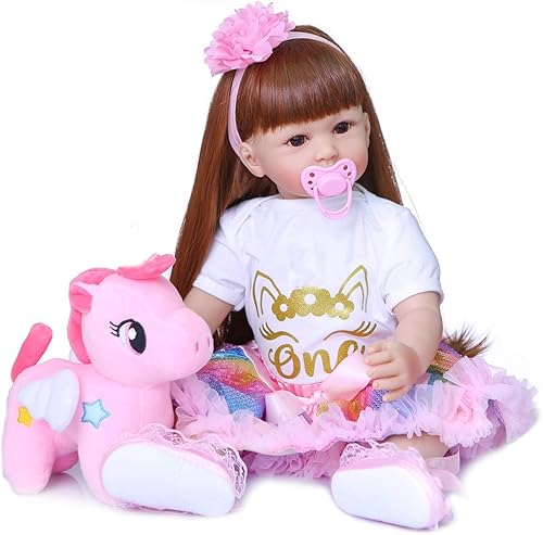 RXDOLL Muñecas de bebé Reborn realistas de 24 pulgadas, muñeca Bebe de silicona suave, banda para el pelo largo, diadema colorida para niñas,