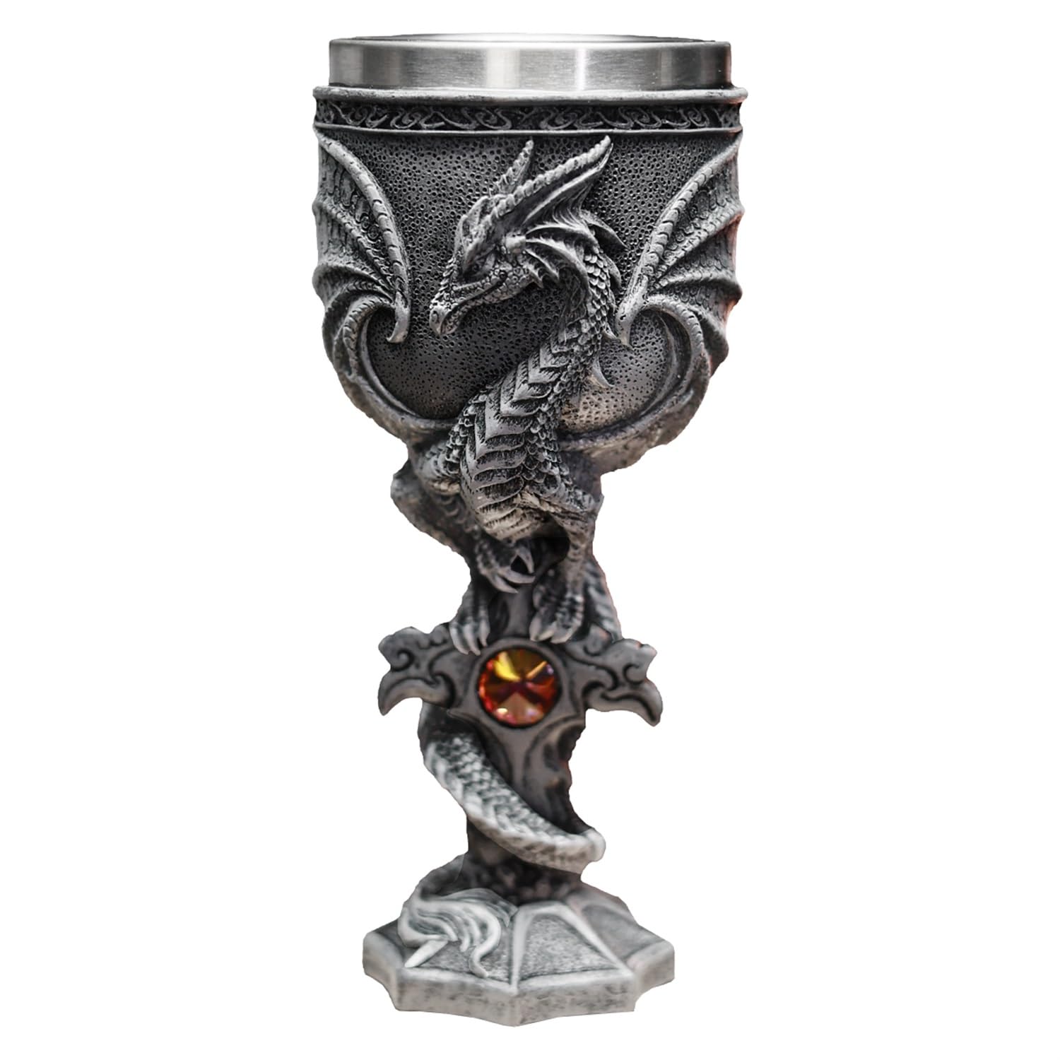 JIUMOZHI Medieval Dragon Cross Sword Goblet Stainless Steel Inlaid Resin Hand-painted Creative Party Wine Glass Holiday Birthday Gift (Silver)