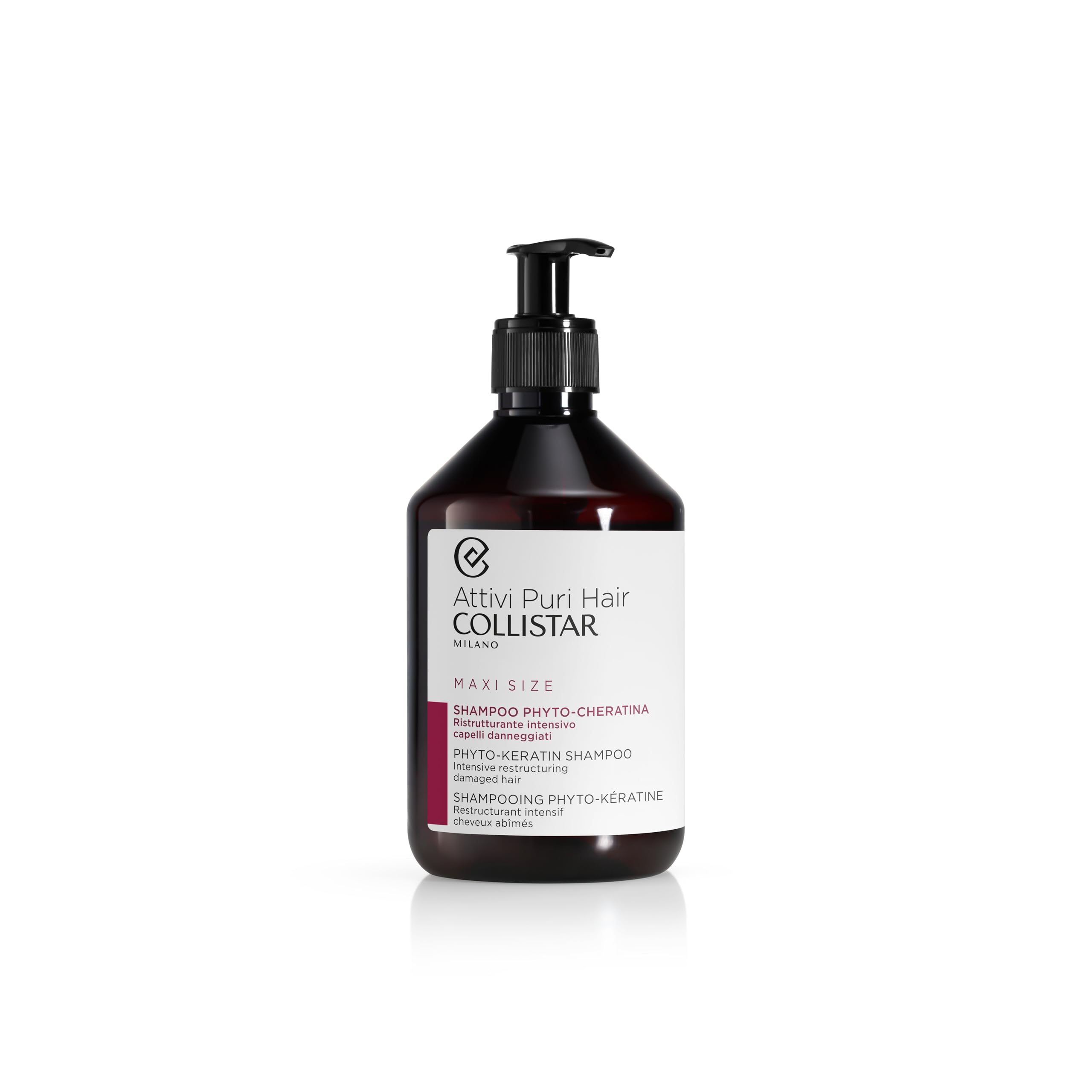 Collistar Attivi Puri Hair Shampoo Phyto Cheratina, Ristrutturante Intensivo, Nutriente, per Capelli Danneggiati e Sfibrati, Maxi Formato 500 ml