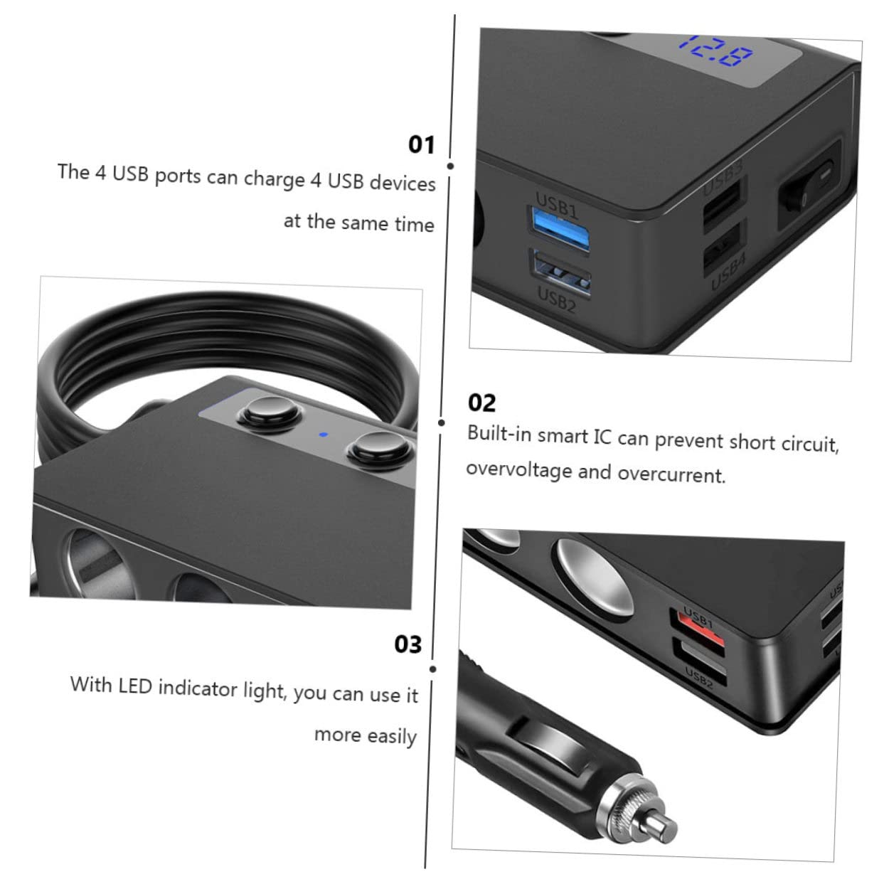 Mikinona Cargador de Mechero para Coche 180w, 4 Puertos USB, Adaptador Divisor Interruptor Independiente, Indicador Led, para Coche