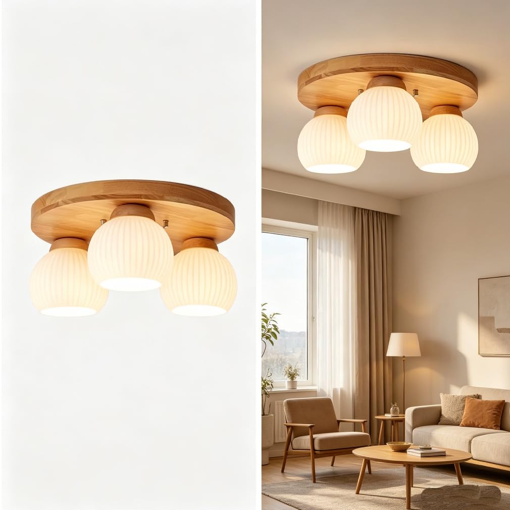YESINTO Japanese-Style Pendant Light Natural Wood Grain & Cream White Minimalist Fixture Suitable for Bedroom, Dining Room, Living Room (3Lights)