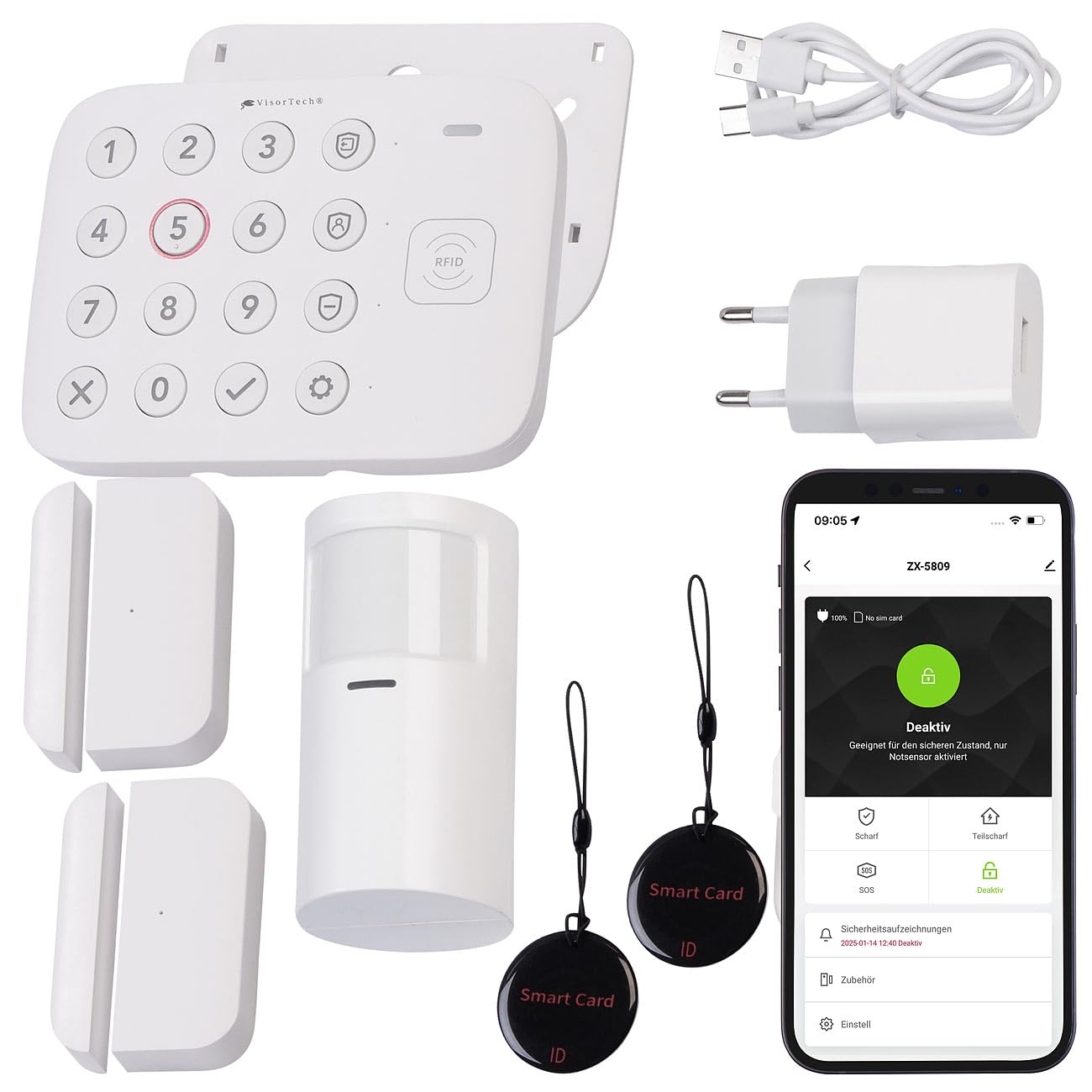 VisorTech Sistema Alarma WiFi: Juego de 6 Piezas Juego de Alarma WiFi, 2X Sensor para Puertas/Ventanas, Detector de Movimiento PIR inalámbrico (con Contacto para Ventana, Kit, Tableta)