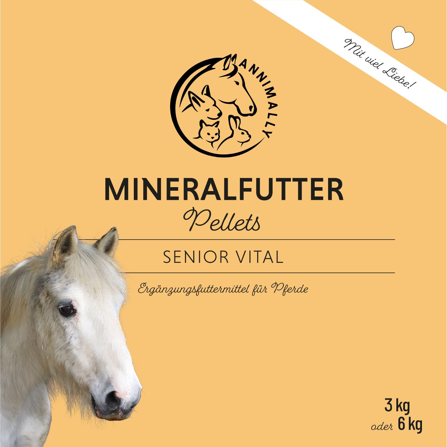 Annimally Senior Mineralfutter Pferde getreidefrei - Ergänzungs Pferdefutter für Senior Pferde mit Vitaminen, Mineralstoffen und Spurenelementen, wie Zink, Selen, Omega 3 & Jod (3 kg Eimer)