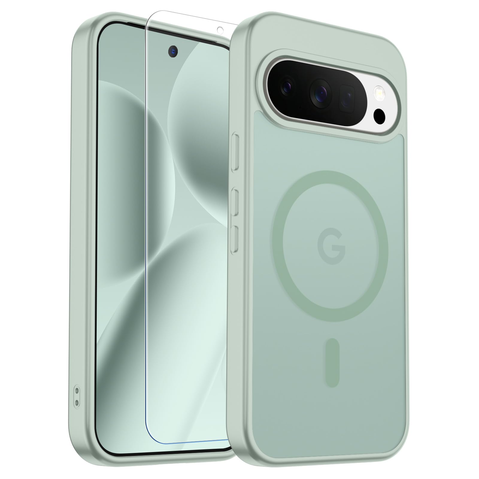 SUPFINE Magnetic for Google Pixel 10 Pro XL Case with Screen Protector, (Built-in Magnets) ((Military Grade Drop Protection) Slim Translucent Shockproof Phone Case,Light Green