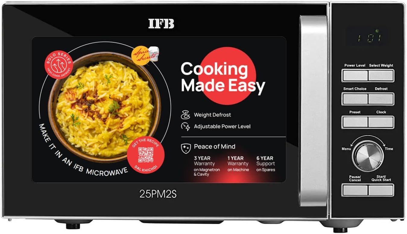 25L Solo Microwave Oven with 61 Auto Cook Menus (25PM2S, Silver, Easy to use Jog dial & Buttons, Mug Recipes, Steam Clean, Auto Reheat, Preset Timer, Power Save, Multi-Stage Cooking)