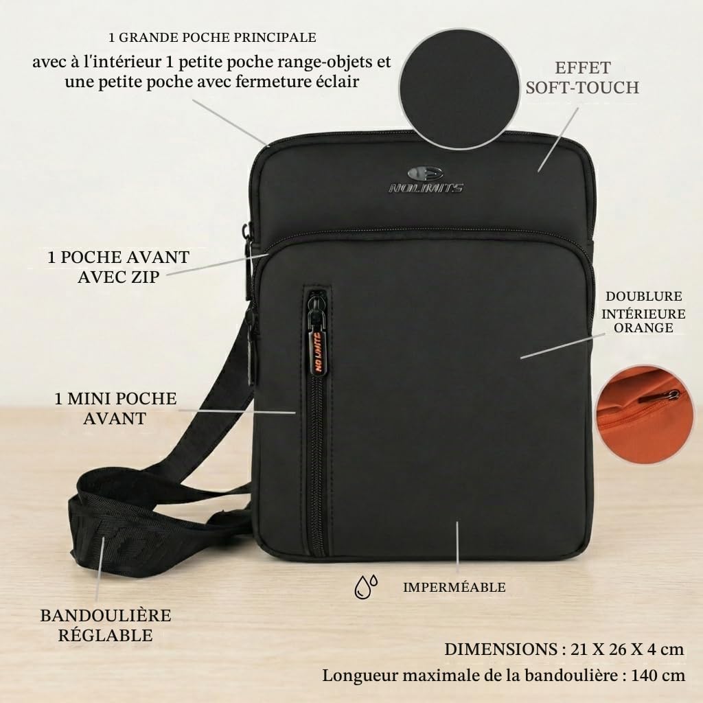 No Limits Sac à bandoulière réglable, imperméable, effet soft-Touch et doublure orange, multipoches avec fermeture éclair