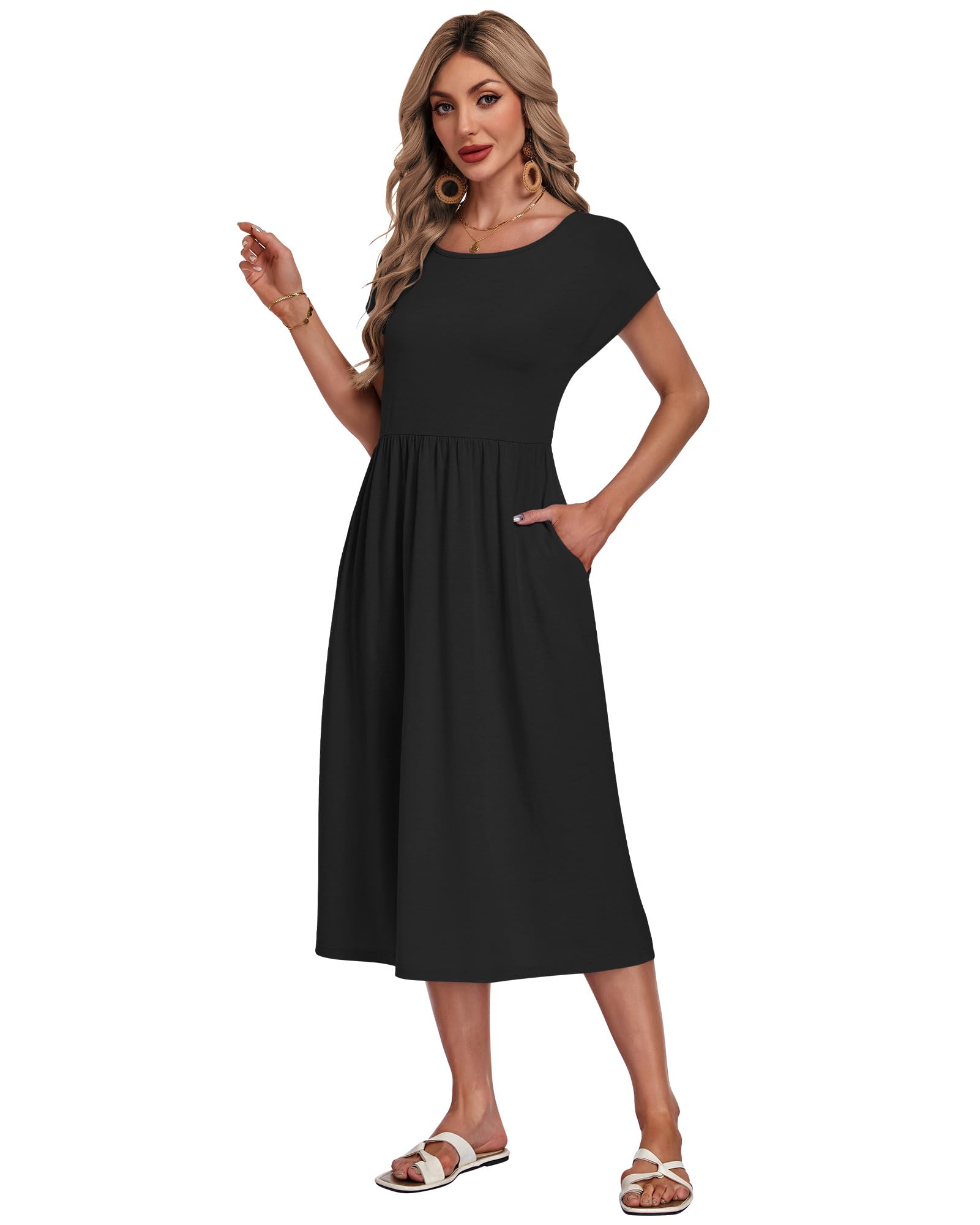 AUSELILY Vestito Estivo da Donna a Maniche Corte Abiti Casual Larghi Abito Midi con Scollo a Girocollo e Tasche