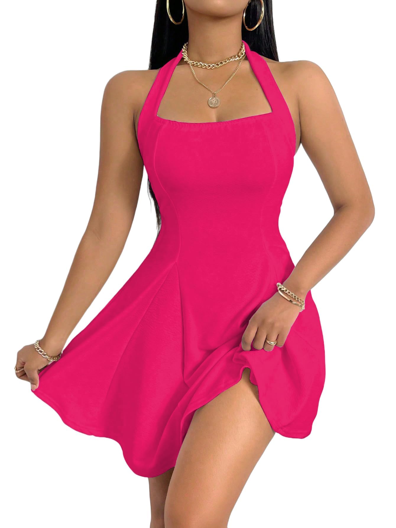 PerZeal Women's 2026 Summer Dress Sleeveless Halter Neck Sundress Backless Flared Short Mini Beach Dress