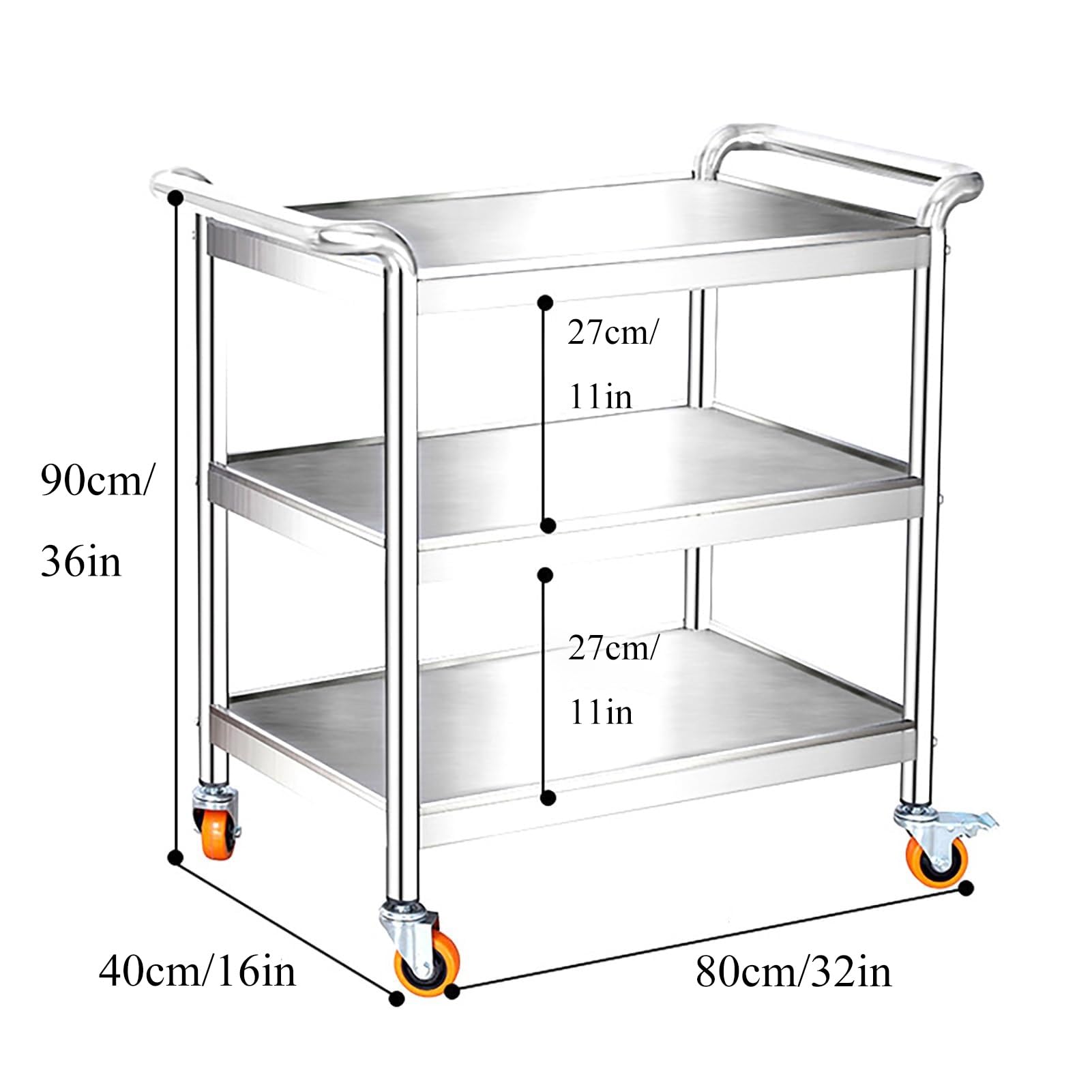 Carro utilitario de Grado Comercial de Alta Resistencia de 3 Niveles, Carro de Mesa de Trabajo de Acero Inoxidable con Ruedas, Mesa de Cocina Comercial de Metal, para Laboratorio, clínica, Cocina