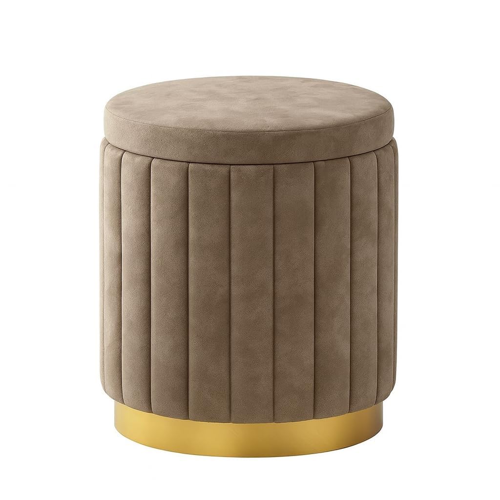 Velvet Round Ottoman Stool with Gold Base | Multipurpose Pouffe for Living Room, Bedroom & Vanity (Brown)-image-27