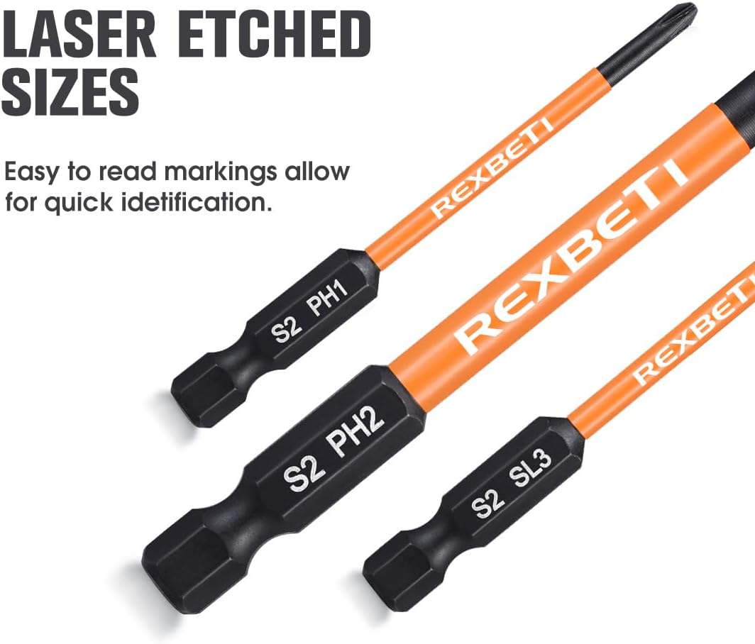 REXBETI 12 Piece Slotted Phillips Screwdriver Bit Set, 1/4 Inch Hex Shank S2 Steel Magnetic 3 Inch Long Drill Bits