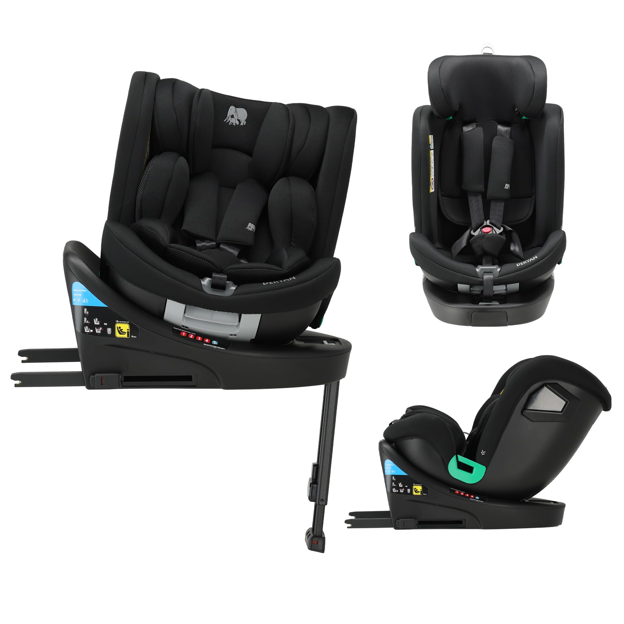 Deryan Chase Silla de Coche 360 i-Size Giratoria 360 Grados, 0-36 kg, 0-12 Años, ISOFIX, Reclinable en 4 Posiciones y Reposacabezas en 10 Posiciones (Negro)