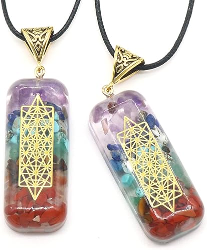 Miniatura 7 de LHJ 4 colgantes de piedra natural con forma de rectángulo de siete chakras, piedra rodada, resina de reiki, símbolo de cobre, dijes para meditación