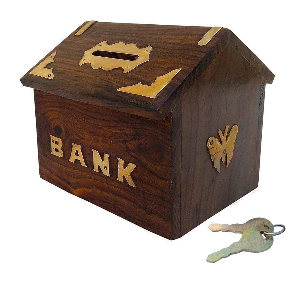 Wooden Money Bank/Piggy Bank/Wooden HUT Money Bank/Money Storage Box/Coin Box/Coin Collector Box/Antique Money Bank/Saving Box/SHEESHAM Wood/(12 * 12 * 11 cm)
