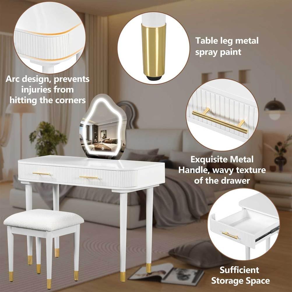 White Vanity Desk with Mirror and Lights,Modern Fluted Makeup Table 2 Large Drawers Stools Bedroom Dressing for Women Girls