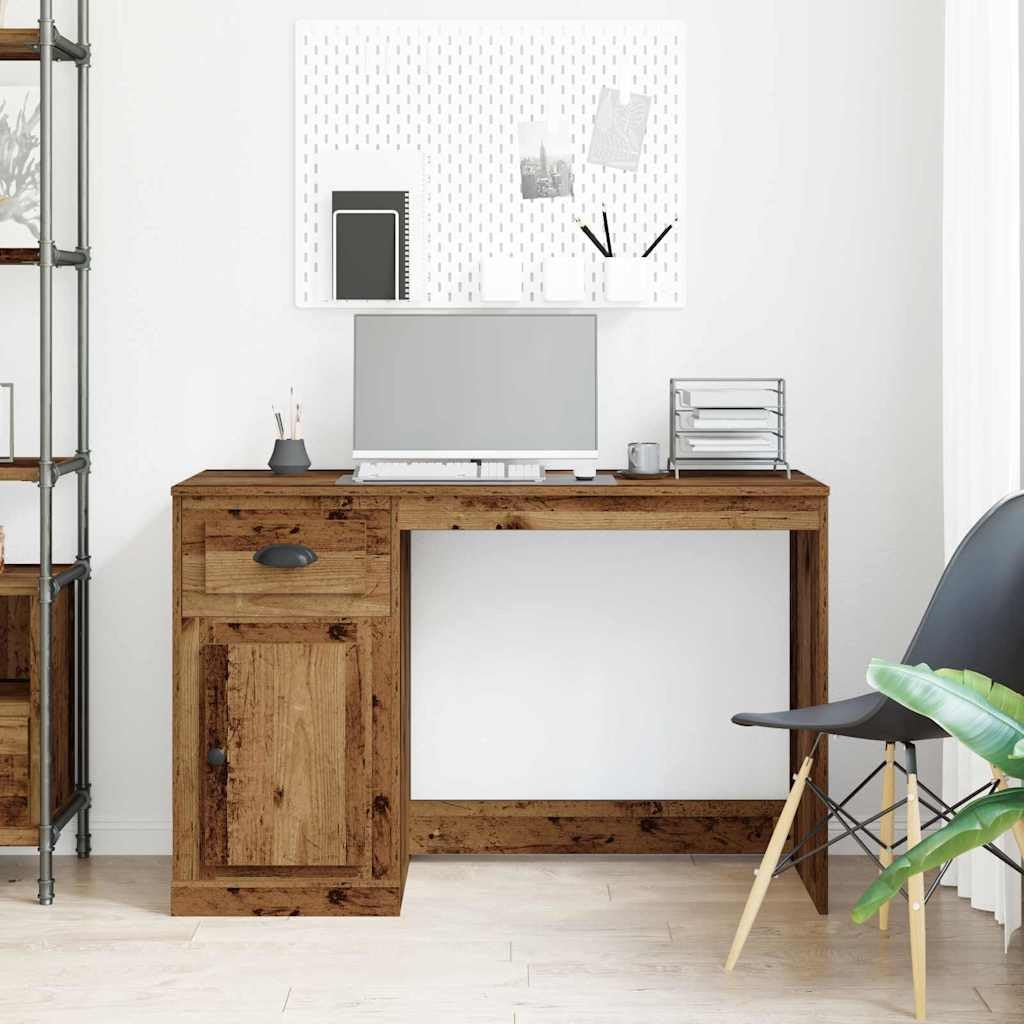 Scrivania con anta, in legno anticato, 50 x 115 x 75 cm, con cassetto, compatta, per ufficio, laptop, postazione di lavoro per casa, studio