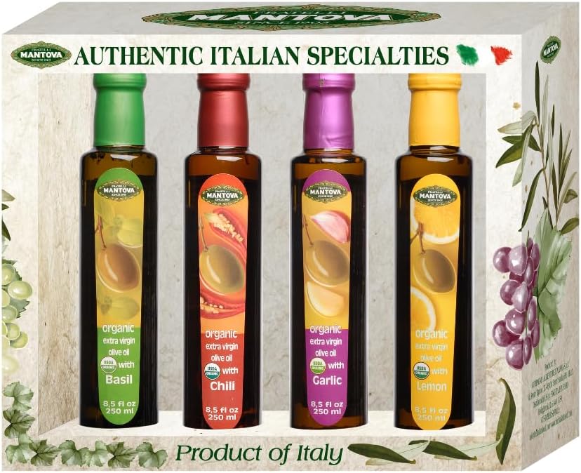 Mantova Organic Flavored Extra Virgin Olive Oil Variety Pack – Garlic, Basil, Chili, and Lemon (8.5 oz Bottles, Pack of 4) – Perfect for Cooking, Dressing, and a Great Gift Item