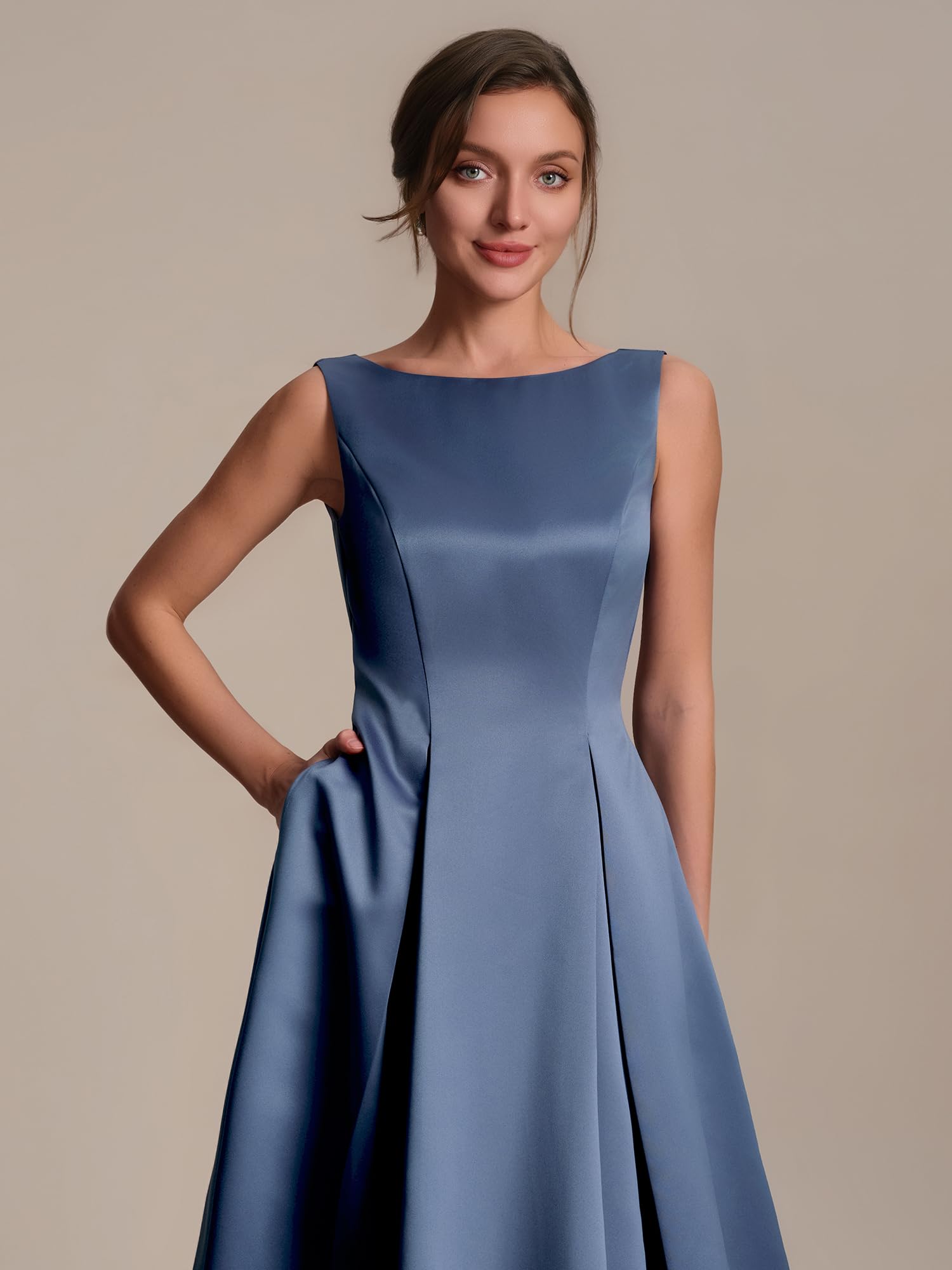 Ever-Pretty Robes d'Invité de Mariage Col Bateau sans Manche Satin Midi Poche EG02775