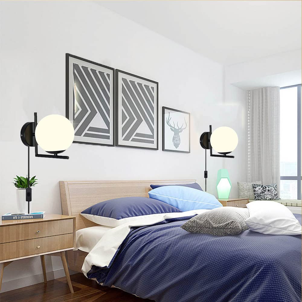 Moderne gouden slaapkamer wandlamp glazen bol wandlamp met schakelaar stekker E27 glazen bol wandlamp paraplu's bed leeslamp wandmontage bedlamp voor woonkamer hal landhuis (zwart