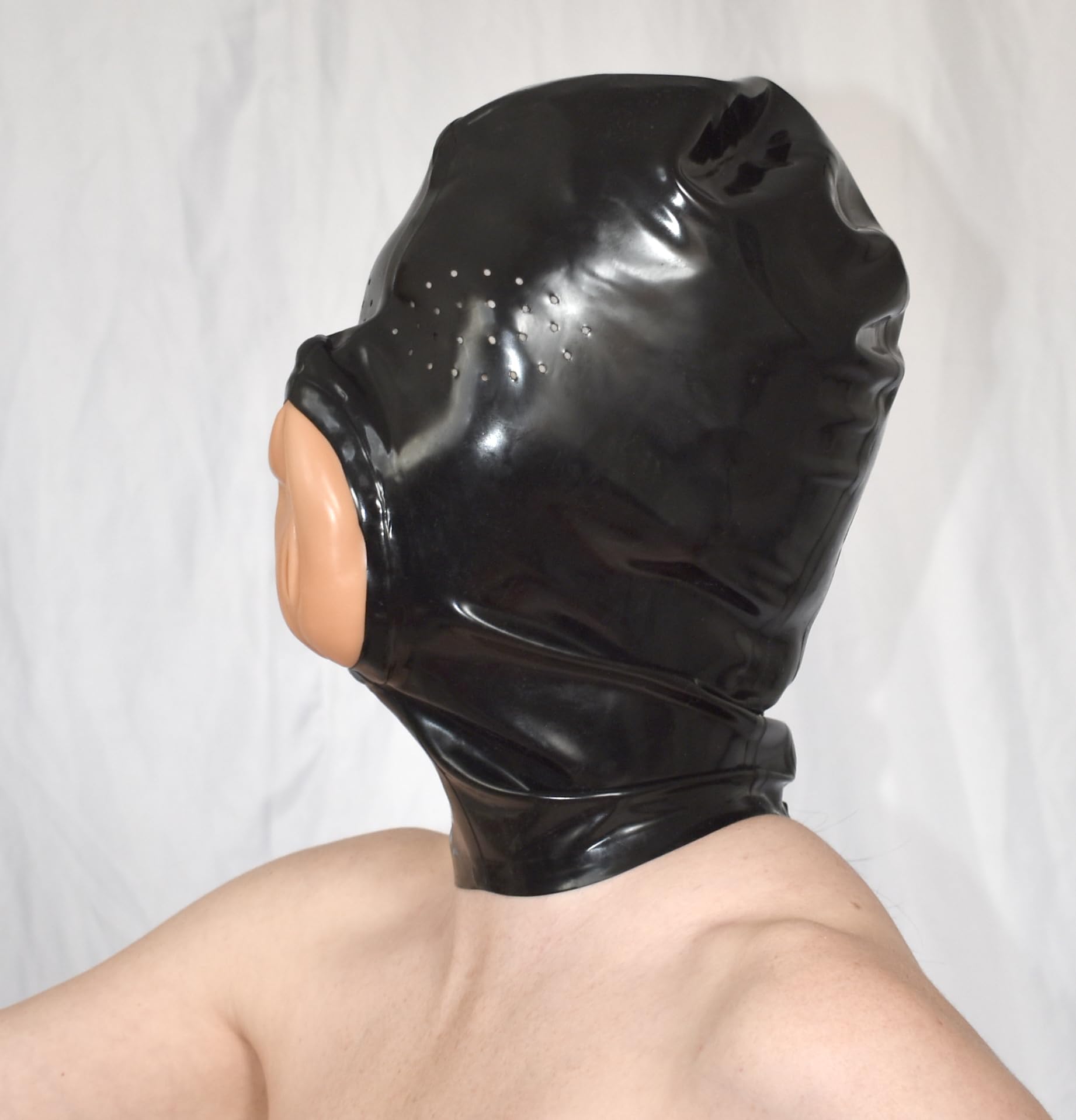 Maschera Feticista in Latex con Apertura Vaginale – Cappuccio Bondage BDSM, Bavaglio Sesso Orale, Apertura Respiratoria, Figa Tascabile per Roleplay