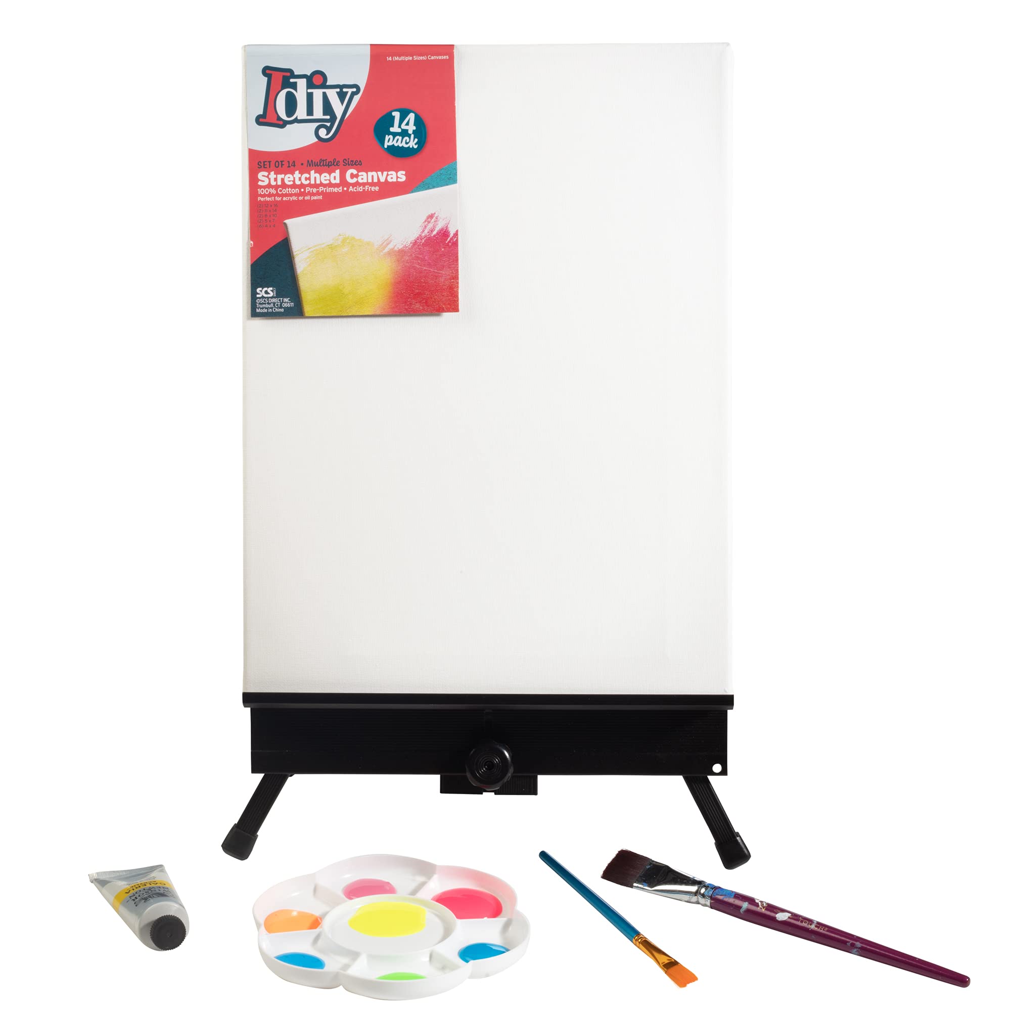 iDIY Lot de 14 toiles tendues 10 x 10 - 30 x 40 cm - Blanc classique, pré-apprêté pour huiles ou acryliques, 100 % coton, sans acide - Qualité professionnelle