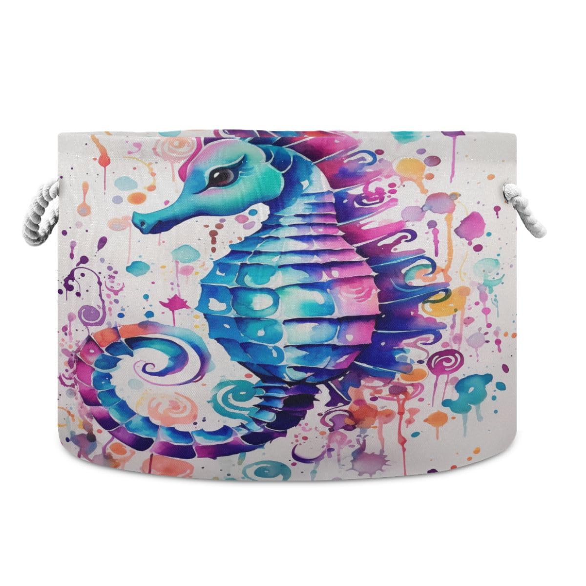 Round Storage Basket Watercolor Hippocampus Japonicus Open Home Storage Bin 20 * 13.9in