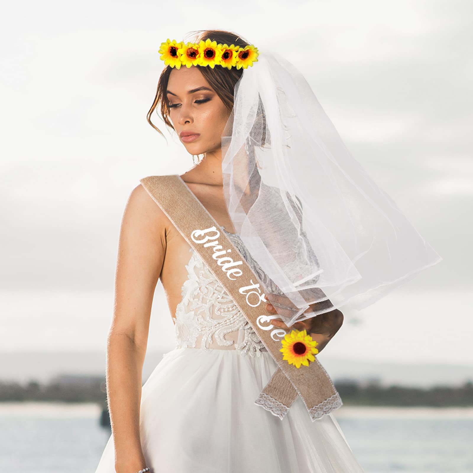 Zestaw szarfy "Bride To Be", słonecznik, opaska na głowę, kwiatowa korona, wieniec do włosów, na wieczór panieński, ślub, wieczór panieński