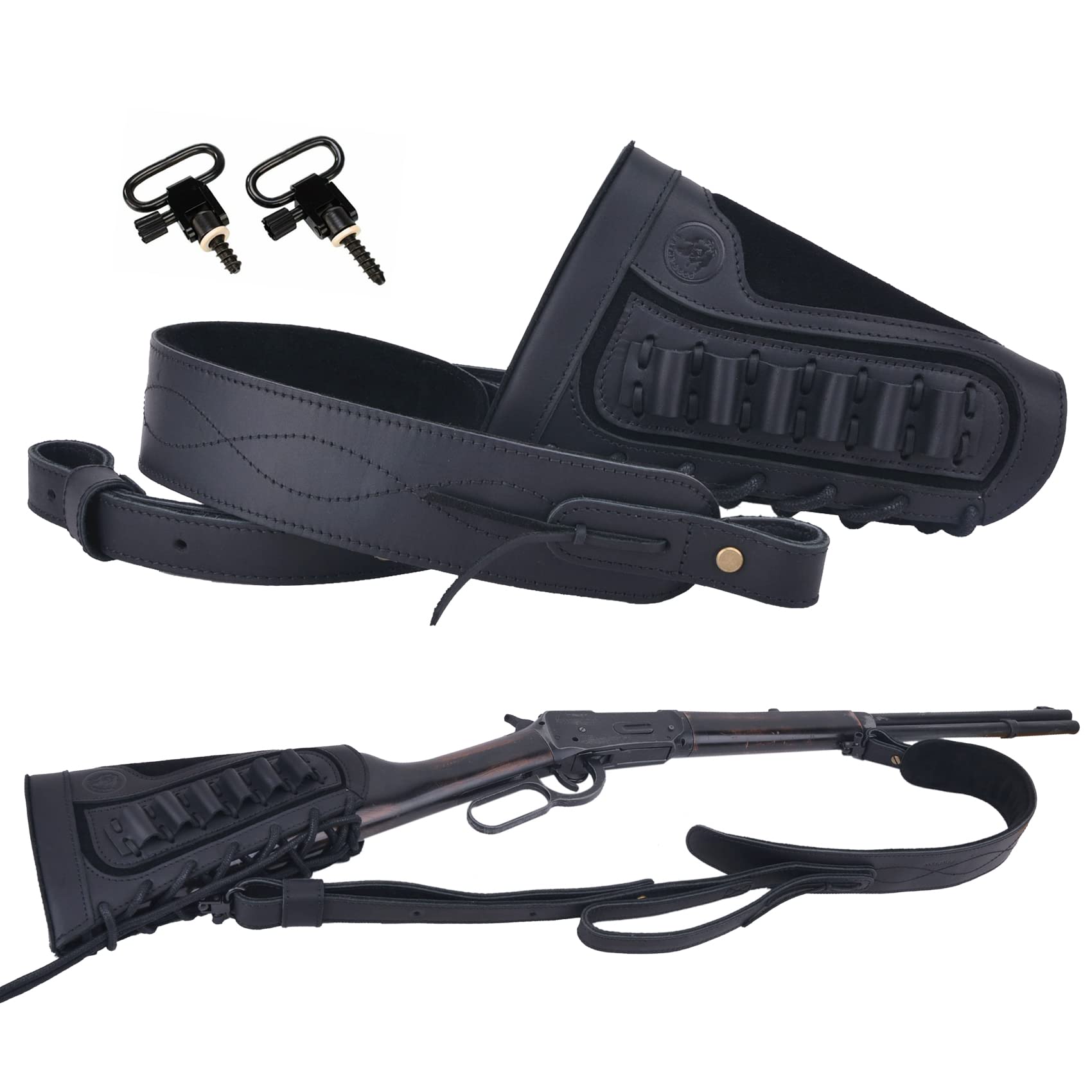 WAYNE'S DOG Leather Rifle Buttstock Cheek Rest with Matched Sling for .357 .45-70 .30-30 .30-06 .22LR .308 .12GA 16GA 20GA (Black(.308 .30-06 .45-70), Righty Handed)