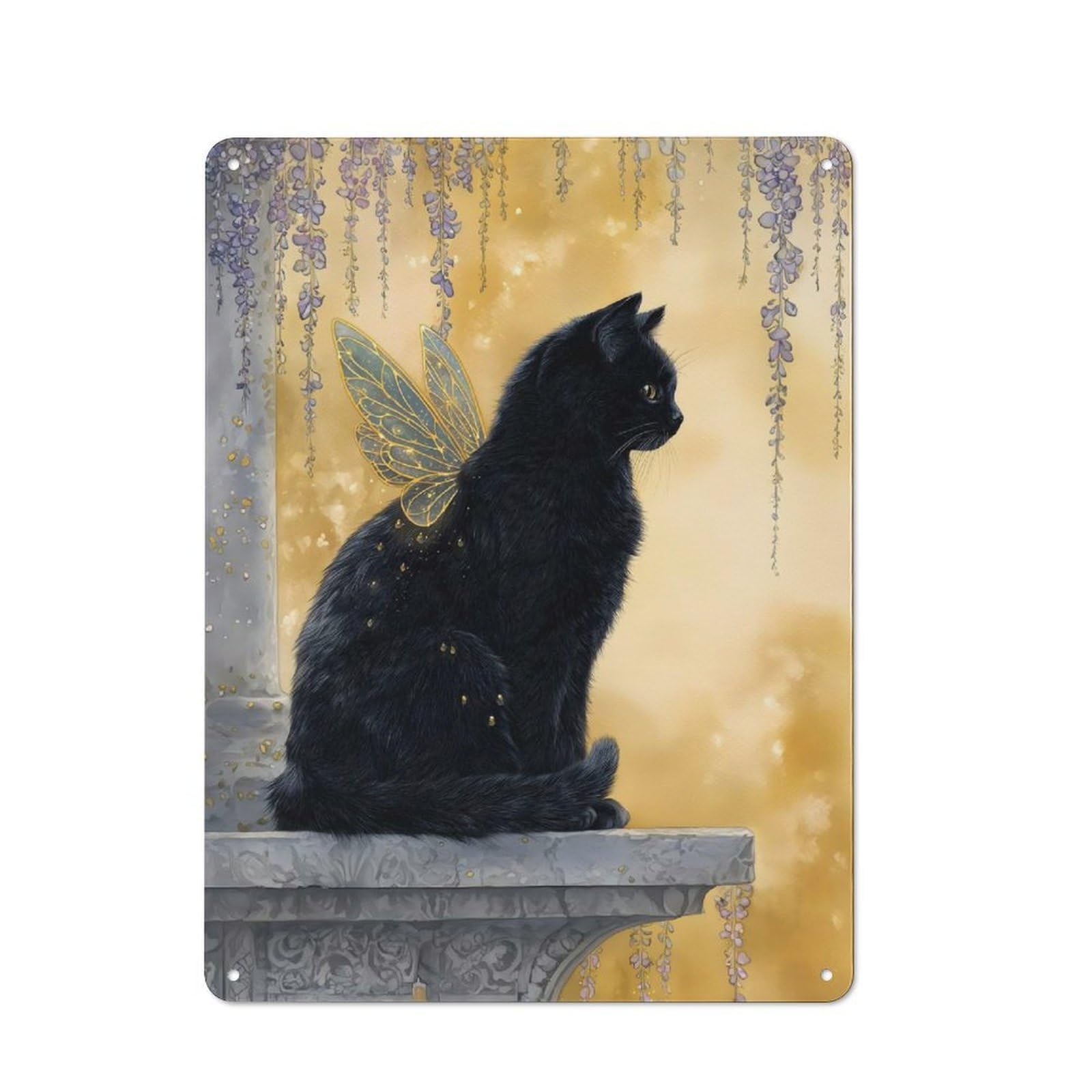 Junmoney Black Cat Fairy With Golden Wings Metal Wall Sign 40X30cm Featuring For Workshop Wall, For Makers And Diy Enthusiasts