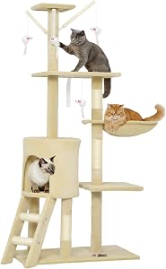 PawHut Cat Tree, 53" Cat Tower for Indoor Kittens with Sisal Scratching Posts, Plush Perches, Condo, Hammock, Ladder, Dangling Toys, Multi-Level Kitty Activity Centre, Beige